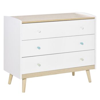 Commode 3 tiroirs design scandinave meuble de rangement chambre MDF blanc aspect chêne clair piètement effilé bois massif de pin 1