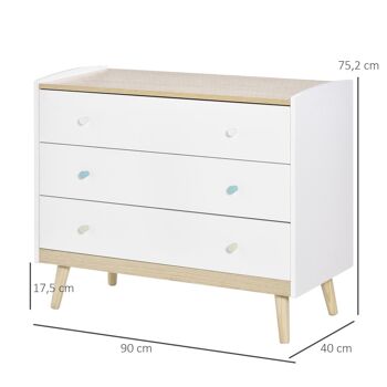 Commode 3 tiroirs design scandinave meuble de rangement chambre MDF blanc aspect chêne clair piètement effilé bois massif de pin 3