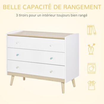 Commode 3 tiroirs design scandinave meuble de rangement chambre MDF blanc aspect chêne clair piètement effilé bois massif de pin 4