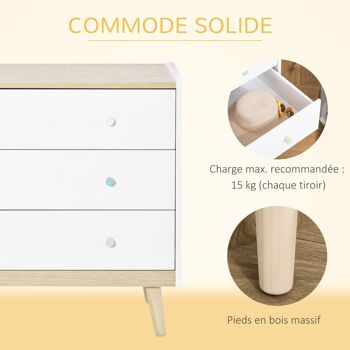 Commode 3 tiroirs design scandinave meuble de rangement chambre MDF blanc aspect chêne clair piètement effilé bois massif de pin 5