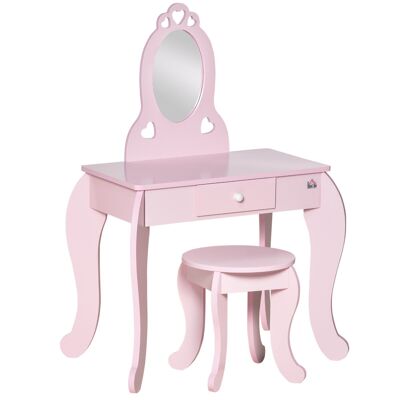 Girly design children's dressing table with heart motifs - stool included - dim. 60L x 36W x 88H cm - drawer, mirror - MDF - pink