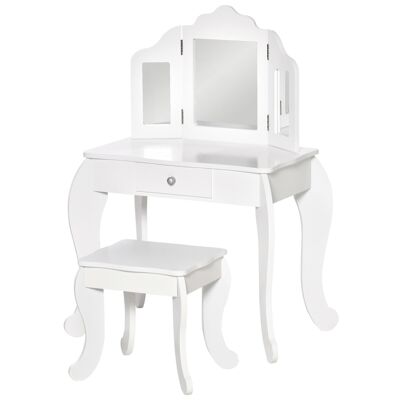 Children's dressing table with stool, triptych mirror and sliding drawer - dressing table dim. 63L x 40W x 85.5H cm - white acrylic MDF