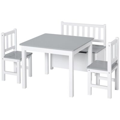 Set aus Kindertisch und Stühlen – Set bestehend aus 4 Teilen – Tisch, 2 Stühle, Truhenbank 2 in 1 – Kiefern-MDF