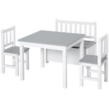 Ensemble de table et chaises enfant - set de 4 pièces - table, 2 chaises, banc coffre 2 en 1 - MDF pin 1