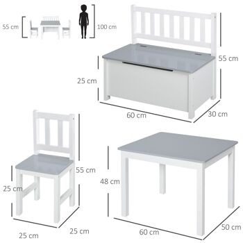 Ensemble de table et chaises enfant - set de 4 pièces - table, 2 chaises, banc coffre 2 en 1 - MDF pin 3