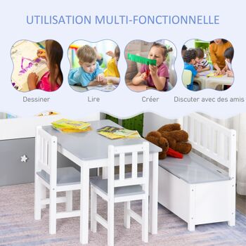 Ensemble de table et chaises enfant - set de 4 pièces - table, 2 chaises, banc coffre 2 en 1 - MDF pin 5