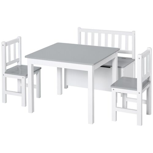 Ensemble de table et chaises enfant - set de 4 pièces - table, 2 chaises, banc coffre 2 en 1 - MDF pin blanc gris