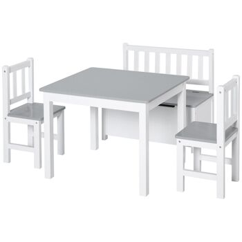 Ensemble de table et chaises enfant - set de 4 pièces - table, 2 chaises, banc coffre 2 en 1 - MDF pin blanc gris 1