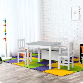 Ensemble de table et chaises enfant - set de 4 pièces - table, 2 chaises, banc coffre 2 en 1 - MDF pin blanc gris 2