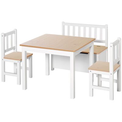 Set of children's table and chairs - set of 4 pieces - table, 2 chairs, chest bench 2 in 1 - MDF pine white light wood