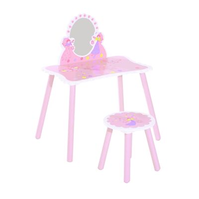 Tocador para niños - taburete incluido - mesa de maquillaje dim.59L x 39W x 77H cm - hadas, mariposas, flores - madera de pino, MDF - rosa blanco