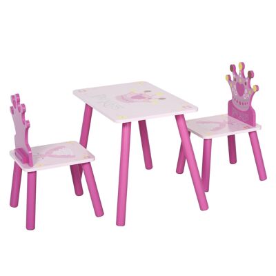 HOMCOM Children's table and chairs set princess design crown pattern pine wood MDF pink