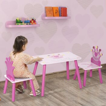 HOMCOM Ensemble table et chaises enfant design princesse motif couronne bois pin MDF rose 2