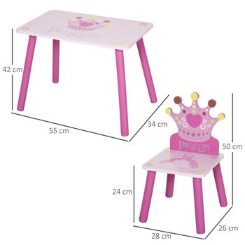 HOMCOM Ensemble table et chaises enfant design princesse motif couronne bois pin MDF rose 3