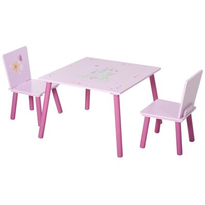 Conjunto de mesa y sillas infantil diseño princesa dibujo castillo madera pino MDF rosa