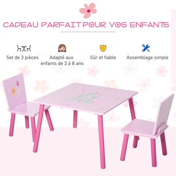 Ensemble table et chaises enfant design princesse motif château bois pin MDF rose 4