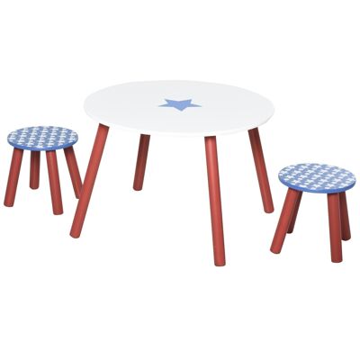 HOMCOM Set tavolo e sedie per bambini - tavolo rotondo + 2 sgabelli - motivo a stella - legno di pino MDF blu bianco