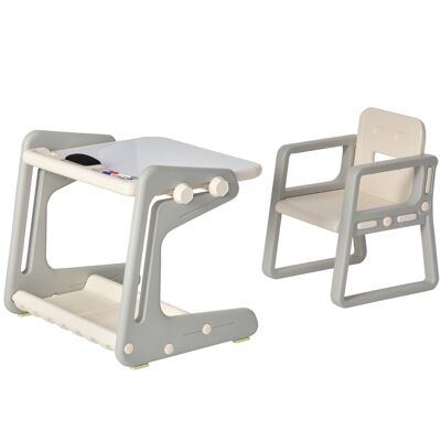 HOMCOM Kindertisch- und Stuhlset – 2-in-1-Whiteboard-Kinderschreibtisch – 3 Marker + Pinsel inklusive – Aufbewahrung – beigegraues HDPE