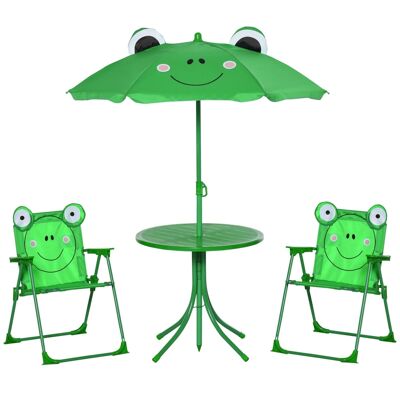 Set di mobili da giardino per bambini 4 pezzi design rana - tavolo rotondo + 2 sedie pieghevoli + ombrellone - metallo epossidico oxford verde