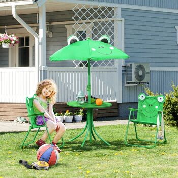 Ensemble salon de jardin enfant 4 pcs design grenouille - table ronde + 2 chaises pliables + parasol - métal époxy oxford vert 2