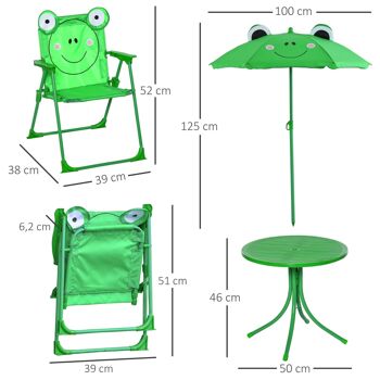Ensemble salon de jardin enfant 4 pcs design grenouille - table ronde + 2 chaises pliables + parasol - métal époxy oxford vert 3
