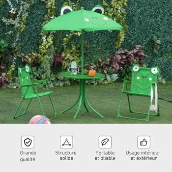 Ensemble salon de jardin enfant 4 pcs design grenouille - table ronde + 2 chaises pliables + parasol - métal époxy oxford vert 4