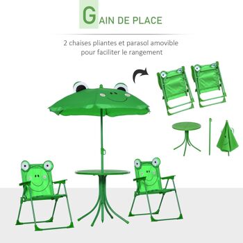 Ensemble salon de jardin enfant 4 pcs design grenouille - table ronde + 2 chaises pliables + parasol - métal époxy oxford vert 5