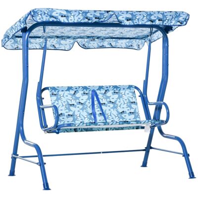 2-seater garden swing seat for children adjustable safety belts reclining sunshade armrests blue shark pattern