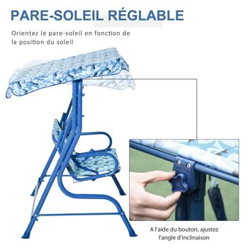 Balancelle de jardin 2 places pour enfants ceintures sécurité réglables accoudoirs pare-soleil inclinable motif requin bleu 5