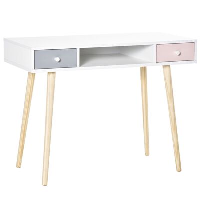 HOMCOM Scandinavian style children's desk with drawer and storage compartment 100L x 48W x 76.5H cm MDF and pine white gray and pink