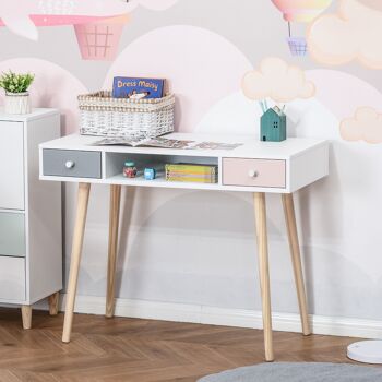 HOMCOM Bureau enfant style scandinave avec tiroir et compartiment de rangement 100L x 48l x 76,5H cm MDF et pin blanc gris et rose 2