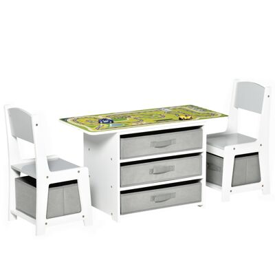 HOMCOM Kindertisch- und Stühle-Set – 3-teiliges Set + 5 Schubladen aus Vliesstoff – Regaltisch für 2-in-1-Spielzeug – weiße oder doppelseitige Schaltplatte – 2 Autos inklusive – grau-weißes MDF