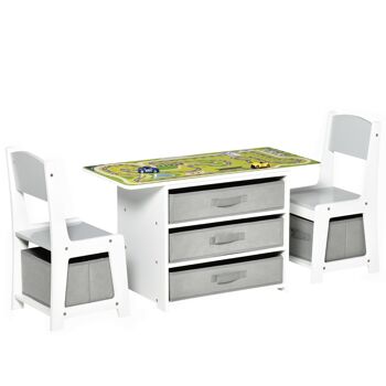 HOMCOM Ensemble table et chaises enfant - set de 3 pièces + 5 tiroirs non tissés - table étagère pour jouets 2 en 1 - plateau double face blanc ou circuit - 2 voitures incluses - MDF blanc gris 1