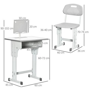 Bureau enfant avec chaise - ensemble bureau et chaise réglable - support de lecture, case - gris blanc 3