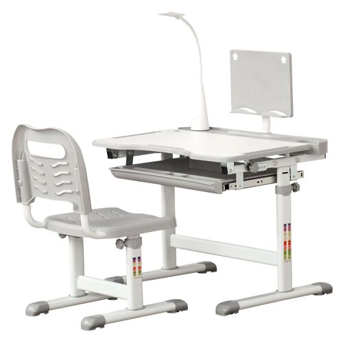 HOMCOM Bureau enfant avec chaise - ensemble bureau et chaise réglable - lampe, support de lecture, tablette coulissante multi-rangement - gris blanc