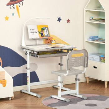 HOMCOM Bureau enfant avec chaise - ensemble bureau et chaise réglable - lampe, support de lecture, tablette coulissante multi-rangement - gris blanc 2