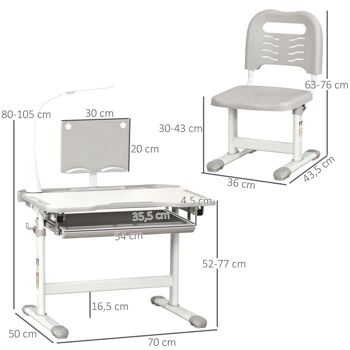 HOMCOM Bureau enfant avec chaise - ensemble bureau et chaise réglable - lampe, support de lecture, tablette coulissante multi-rangement - gris blanc 3