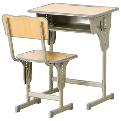 HOMCOM Vintage-Kinderschreibtisch im Schulschreibtisch-Stil – verstellbares Schreibtisch- und Stuhl-Set – Aufbewahrungsbox, Halterung, Stifthalter – Khaki-Stahl, MDF, helle Holzoptik
