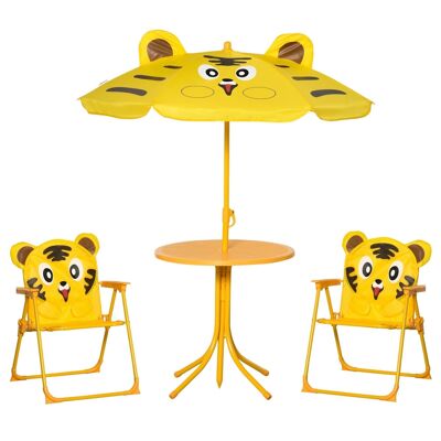 Set da giardino per bambini 4 pezzi con design tigre - tavolo rotondo + 2 sedie pieghevoli + ombrellone - metallo epossidico oxford giallo