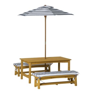 Set di 4 mobili da giardino per bambini in stile picnic - 2 panche, tavolo, ombrellone - abete poliestere tinto miele grigio strisce bianche