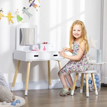 Coiffeuse enfant design scandinave - tabouret inclus - 2 tiroirs, niche, miroir - bois pin MDF blanc 2