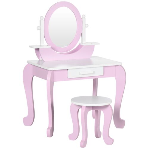 Coiffeuse enfant design girly - tabouret inclus - tiroir, 2 étagères, niche, miroir - MDF - blanc rose