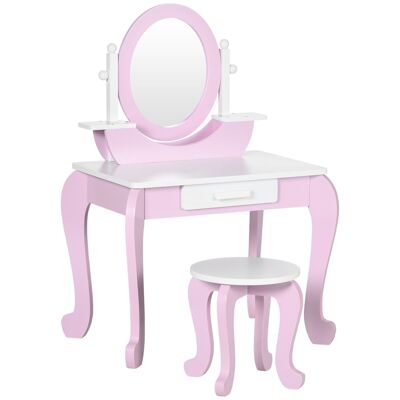 Coiffeuse enfant design girly - tabouret inclus - tiroir, 2 étagères, niche, miroir - MDF - blanc rose