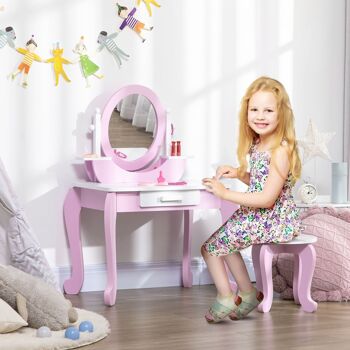 Coiffeuse enfant design girly - tabouret inclus - tiroir, 2 étagères, niche, miroir - MDF - blanc rose 2
