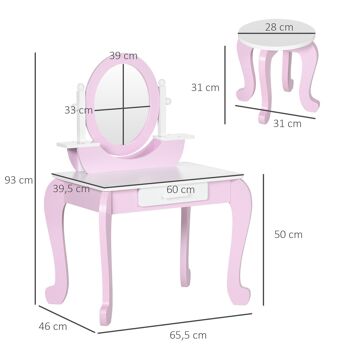 Coiffeuse enfant design girly - tabouret inclus - tiroir, 2 étagères, niche, miroir - MDF - blanc rose 3