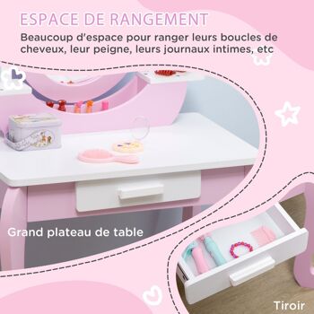 Coiffeuse enfant design girly - tabouret inclus - tiroir, 2 étagères, niche, miroir - MDF - blanc rose 5