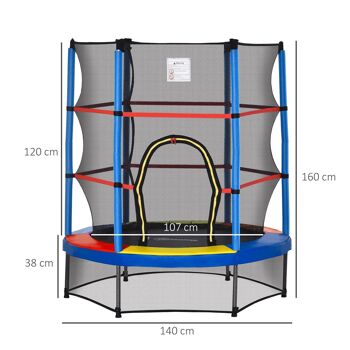 Trampoline enfant Ø 1,40 × 1,60H m filet de sécurité porte zipée couvre-ressorts 6 poteaux rembourrés inclus 3