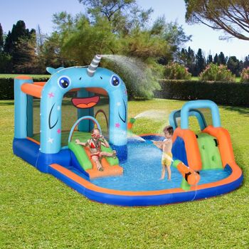 Château gonflable enfant - trampoline, toboggans, piscine, mur d'escalade, panier, pistolets eau, gonfleur, sac transport - polyester multicolore 2