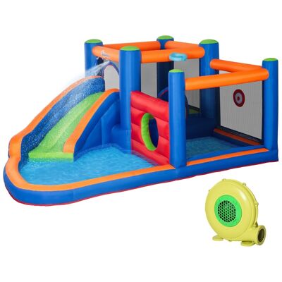 Château gonflable enfant - toboggan, trampoline, piscine - gonfleur, sac de transport inclus - dim. 3,8L x 3,4l x 1,7H m - polyester multicolore