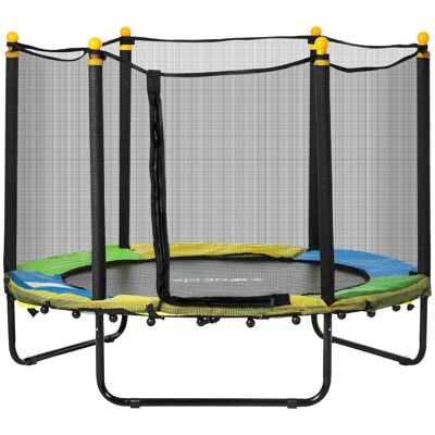 Kindertrampolin Ø 1,40 × 1,13 H m, Sicherheitsnetz, Tür mit Reißverschluss, mehrfarbige Federabdeckungen, 6 schwarz gepolsterte Pfosten